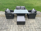 Fimous PE Rattan Outdoor Garden Furniture Set Height Adjustable Rising lifting Dining Table With Love Sofa Chair Big Footstool