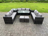 Fimous Rattan Outdoor Furniture Lounge Sofa Garden Dining Set with Dining Table Side Table 2 Small Footstools 11 Seater Dark Grey Mixed