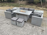 Fimous Rattan Garden Furniture Set Gas Fire Pit Lounge Sofa Chair Dining Set With 2 Side Table And 2 PC Arm Chair 2 Stools