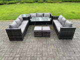 Fimous Rattan Outdoor Furniture Lounge Sofa Garden Dining Set with Dining Table Side Table 2 Small Footstools 11 Seater Dark Grey Mixed
