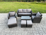 Fimous 8 Seater Rattan Garden Furniture Set Patio Outdoor Lounge Sofa Set with Rectangular Coffee Table 3 Footstools 3 Seater Sofa Dark Grey Mixed