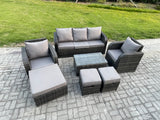 Fimous 8 Seater Rattan Garden Furniture Set Patio Outdoor Lounge Sofa Set with Rectangular Coffee Table 3 Footstools 3 Seater Sofa Dark Grey Mixed