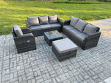 Fimous Outdoor Rattan Garden Furniture Set Conservatory Patio Sofa Coffee Table With Reclining Chair Big Footstool Dark Grey Mixed
