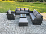 Fimous Outdoor Rattan Garden Furniture Set Conservatory Patio Sofa Coffee Table With Reclining Chair Big Footstool Dark Grey Mixed