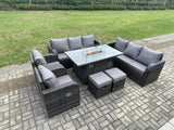 Fimous Garden Patio Furniture Wicker Rattan Gas Fire Pit Table and Sofa Chair set with 2 Small Footstools