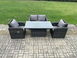 Fimous Wicker PE Rattan Furniture Garden Dining Set Outdoor Patio Height Adjustable Rising lifting Table Love Sofa With Reclining Chair