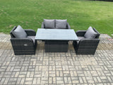 Fimous Wicker PE Rattan Furniture Garden Dining Set Outdoor Patio Height Adjustable Rising lifting Table Love Sofa With Reclining Chair