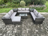 Fimous 10 Seater Outdoor Lounge Sofa Set Wicker PE Rattan Garden Furniture Set with Oblong Coffee Table 2 Side Tables Big Footstool Dark Grey Mixed