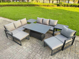 Fimous Garden Aluminium Furniture Set Dark Grey 9 Seater Outdoor Patio Adjustable Rising Lifting Dining Table with 2 Big Footstools 2 Side Tables Dark Grey