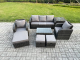 Fimous 8 Seater Rattan Garden Furniture Set Patio Outdoor Lounge Sofa Set with Rectangular Coffee Table 3 Footstools 3 Seater Sofa Side Table Dark Grey Mixed