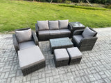 Fimous 8 Seater Rattan Garden Furniture Set Patio Outdoor Lounge Sofa Set with Rectangular Coffee Table 3 Footstools 3 Seater Sofa Side Table Dark Grey Mixed