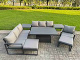 Fimous Garden Aluminium Furniture Set Dark Grey 9 Seater Outdoor Patio Adjustable Rising Lifting Dining Table with 2 Big Footstools 2 Side Tables Dark Grey