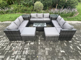 Fimous Outdoor Lounge Sofa Set Wicker PE Rattan Garden Furniture Set with Oblong Coffee Table 2 Side Tables 2 Big Footstool 11Seater Dark Grey Mixed