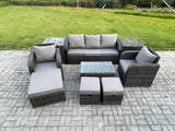 Fimous Rattan Garden Furniture Set Patio Outdoor Lounge Sofa Set with Rectangular Coffee Table 3 Footstools 3 Seater Sofa 2 Side Tables Dark Grey Mixed