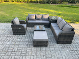 Fimous Outdoor Rattan Garden Furniture Set Conservatory Patio Sofa Coffee Table With Reclining Chair Big Footstool Side Table Dark Grey Mixed