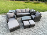 Fimous Rattan Garden Furniture Set Patio Outdoor Lounge Sofa Set with Rectangular Coffee Table 3 Footstools 3 Seater Sofa 2 Side Tables Dark Grey Mixed