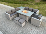Fimous Light Grey Rattan Fire Pit Garden Furniture Dining Table Set Gas Heater Burner Lounge Sofa With Side Coffee Table