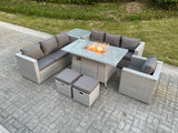 Fimous Light Grey Rattan Fire Pit Garden Furniture Dining Table Set Gas Heater Burner Lounge Sofa With Side Coffee Table