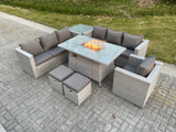 Fimous Light Grey Rattan Fire Pit Garden Furniture Dining Table Set Gas Heater Burner Lounge Sofa With Side Coffee Table