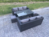 Fimous PE Wicker Outdoor Garden Furniture Set Patio Rattan Rectangular Dining Table Lounge Sofa with 2 Small Footstool 8 Seater Dark Grey Mixed