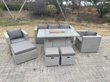 Fimous Light Grey Rattan Fire Pit Garden Furniture Set Gas Heater Burner Chairs With 3 PC Stools