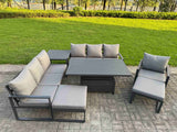 Fimous Garden Aluminium Furniture Set Dark Grey 9 Seater Outdoor Patio Adjustable Rising Lifting Dining Table with 2 Big Footstools Side Table Dark Grey