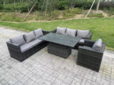 Fimous Wicker PE Garden Furniture Rattan Sofa Set Outdoor Adjustable Rising Lifting Dining Table Set with Armchair 7 Seater Dark Grey Mixed