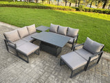 Fimous Garden Aluminium Furniture Set Dark Grey 9 Seater Outdoor Patio Adjustable Rising Lifting Dining Table with 2 Big Footstools Side Table Dark Grey