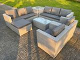 Fimous 9 Seater Light Grey Rattan Sofa Set Chairs 2 Coffee Table Footstool Outdoor Garden Furniture