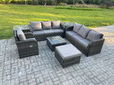 Fimous Outdoor Rattan Garden Furniture Set Conservatory Patio Sofa Coffee Table With Reclining Chair 2 Side Tables Big Footstool Dark Grey Mixed