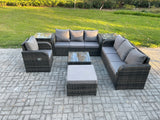Fimous Outdoor Rattan Garden Furniture Set Conservatory Patio Sofa Coffee Table With Reclining Chair 2 Side Tables Big Footstool Dark Grey Mixed