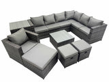 Fimous Outdoor PE Rattan Garden Furniture Sofa Set with Square Coffee Table Chair 3 Stools Side Table Dark Grey