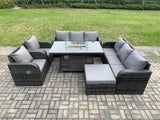 Fimous Garden Patio Furniture Wicker Rattan Gas Fire Pit Table and Sofa set with Recling Chair Big Footstool
