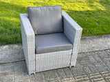 Fimous Rattan Outdoor Garden Funiture Set Height Adjustable Rising Lifting Table Sofa Dining Set with 2 Armchairs 2 Side Tables Footstools