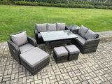 Fimous 8 Piece Rattan Garden Furniture Set with Patio Sofa Rectangular Dining Table Side Table 3 Small Footstools Indoor Conservatory Patio Set