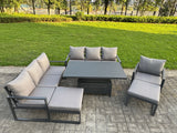 Fimous Garden Aluminium Furniture Set Dark Grey 9 Seater Outdoor Patio Adjustable Rising Lifting Dining Table with 2 Big Footstools Dark Grey