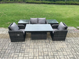 Fimous Outdoor Rattan Garden Furniture Set Height Adjustable Rising lifting Dining Table Love Sofa With 2 Side Tables Chair