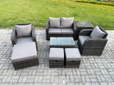 Fimous Wicker PE Rattan Outdoor Furniture Set Garden Love Sofa Coffee Table 2 Armchair 3 Footstools Side Table Dark Grey Mixed