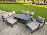 Fimous Garden Aluminium Furniture Set Dark Grey 9 Seater Outdoor Patio Adjustable Rising Lifting Dining Table with 2 Big Footstools Dark Grey
