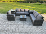 Fimous Outdoor Rattan Garden Furniture Set Conservatory Patio Sofa Coffee Table With Reclining Chair 2 Side Tables Dark Grey Mixed