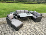 Fimous 7 Piece Rattan Garden Furniture Set with Patio Sofa Rectangular Dining Table 2 Side Table Big Footstool Indoor Conservatory Patio Set