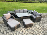 Fimous 8 Piece Rattan Garden Furniture Set with Patio Sofa Rectangular Dining Table 2 Side Tables 2 Big Footstool Indoor Conservatory Patio Set
