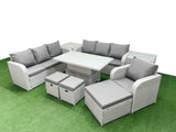 Fimous 10 Seater Poly Rattan Outdoor Garden Furniture Adjustable Lifting Dining or Coffee Table Sofa Set Patio 3 Seater Sofa Reclining Chair 3 Seater Sofa 3 Stools 2 Side Table Light Grey