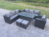 Fimous Outdoor Lounge Sofa Garden Furniture Set Rattan Rectangular Dining Table Patio Chair with 2 Small Footstool 9 Seater Dark Grey Mixed