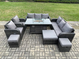 Fimous Wicker PE Rattan Garden Furniture Set Gas Fire Pit Dining Table Indoor Outdoor with Chair Loveseat Sofa 3 Footstools