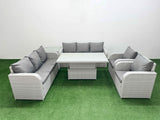 Fimous PE Rattan High Back Lounge Sofa Set Patio Adjustable Lifting Dining or Coffee Table & Chairs Set with 3 Seater Sofa Reclining Chair Side Table Light Grey