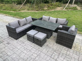 Fimous Wicker PE Garden Furniture Rattan Sofa Set Outdoor Adjustable Rising Lifting Dining Table Set with Armchair 2 Stools 9 Seater Dark Grey Mixed