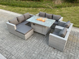 Fimous Light Grey Rattan Garden Furniture Set Gas FirePit Dining Table Heater Burner Lounge Sofa Set Chairs Footstool