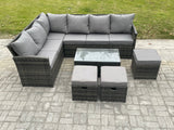 Fimous Rattan Lounge Corner Sofa Set Wicker PE Outdoor Garden Furniture Set with Rectangular Coffee Table 3 Small Footstools Dark Grey Mixed