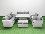 Fimous PE Rattan High Back Lounge Sofa Set Patio Adjustable Lifting Dining or Coffee Table & Chairs Set with 3 Seater Sofa Reclining Chair Stools Light Grey